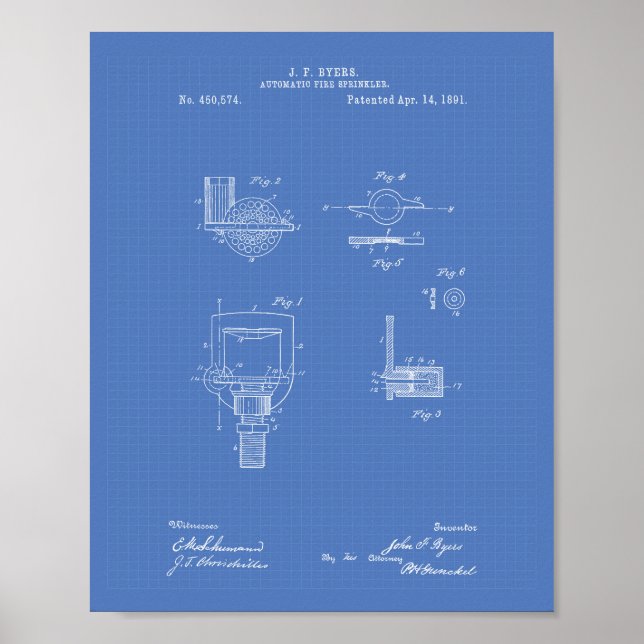 Automatic Fire Sprinkler 1891 Patent - Blueprint Poster (Front)