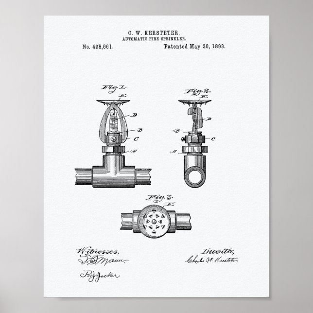 Automatic Fire Sprinkler 1893 Patent - White Paper Poster (Front)