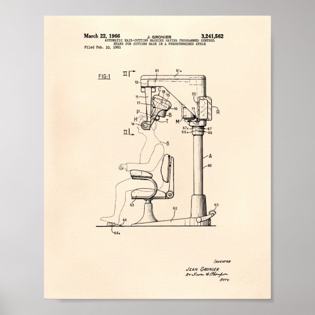 Automatic Hair Cutting 1966 Patent Art Old Peper Poster (Front)