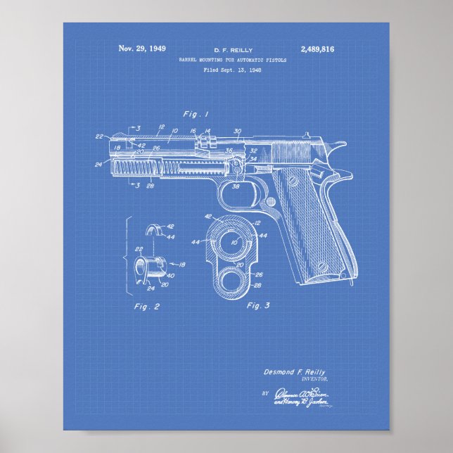 Automatic Pistols 1949 Patent Art Blueprint Poster (Front)