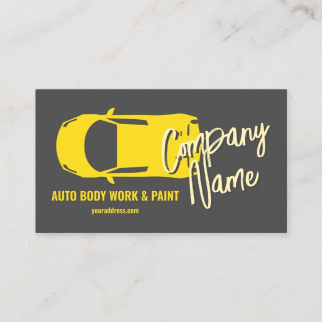 Automotive Body Work & Paint Yellow Car From Top Business Card (Front)