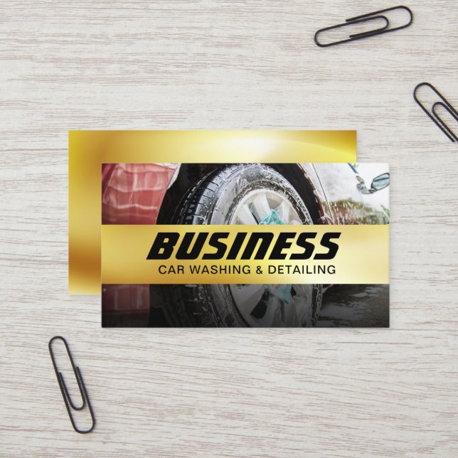 Automotive Car Wash Auto Detailing Gold Stripe Business Card (Front/Back In Situ)