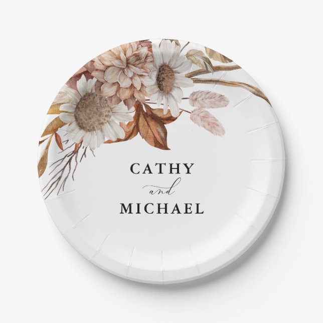 Autum Rustic Floral, Fall Wedding Dessert Paper Plate (Front)