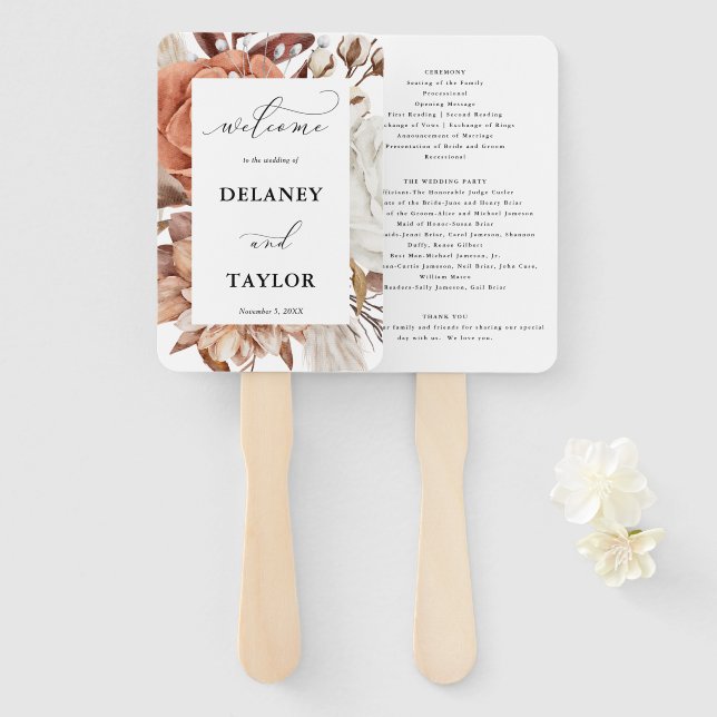 Autum Rustic Floral, Framed Fall Wedding Program Hand Fan (Front and Back)