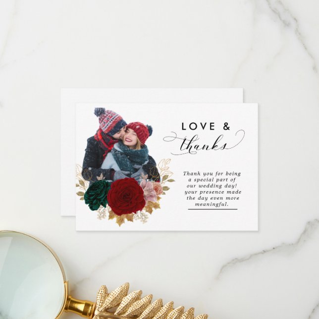 Autumanal Gold Burgundy Emarald Greeny Wedding Thank You Card (Front/Back In Situ)