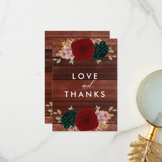 Autumanal Gold Burgundy Emarald Greeny Wedding Thank You Card (Front/Back In Situ)