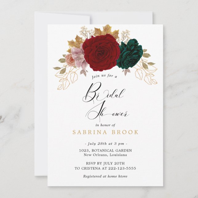 Autumanal Gold Burgundy Emerald Bridal Shower Invitation (Front)