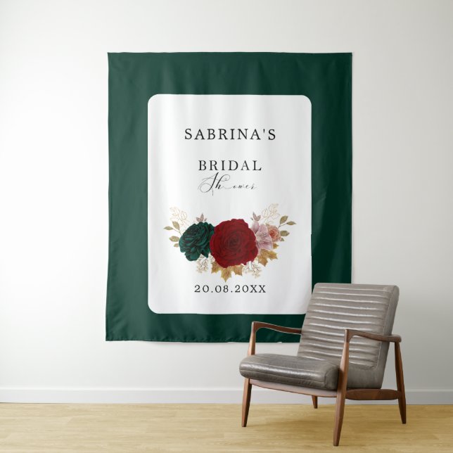 Autumanal Gold Burgundy Emerald Bridal Shower Tapestry (In Situ)