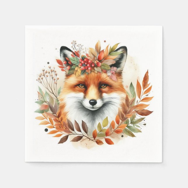 Autume Fall Themed Party  Cute Fox Flower Wreath Napkin (Front)