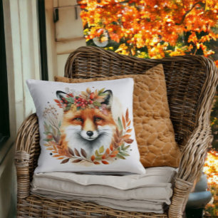 Autume Fall Themed Woodland Cute Fox Flower Wreath Cushion