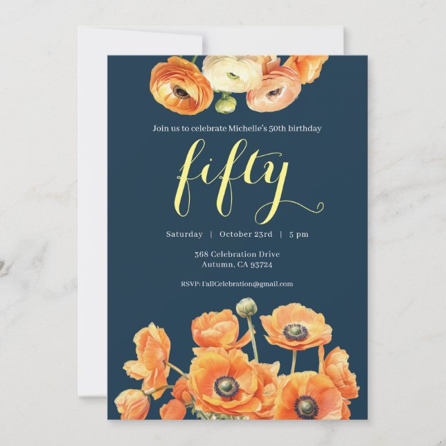 Autumn 50th Birthday Party Orange Blossom Invitation (Front)