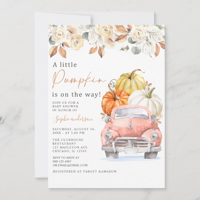 Autumn A Little Pumpkin Truck Fall Baby Shower Invitation (Front)
