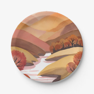 Autumn Abode Fall Foliage Watercolor Landscape Paper Plate