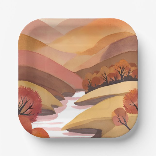 Autumn Abode | Fall Foliage Watercolor Landscape Paper Plate (Front)