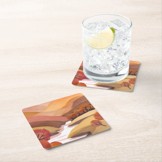 Autumn Abode | Fall Foliage Watercolor Landscape Square Paper Coaster (Insitu)