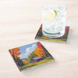 Autumn Abode Lakeside Cottage Glass Coaster
