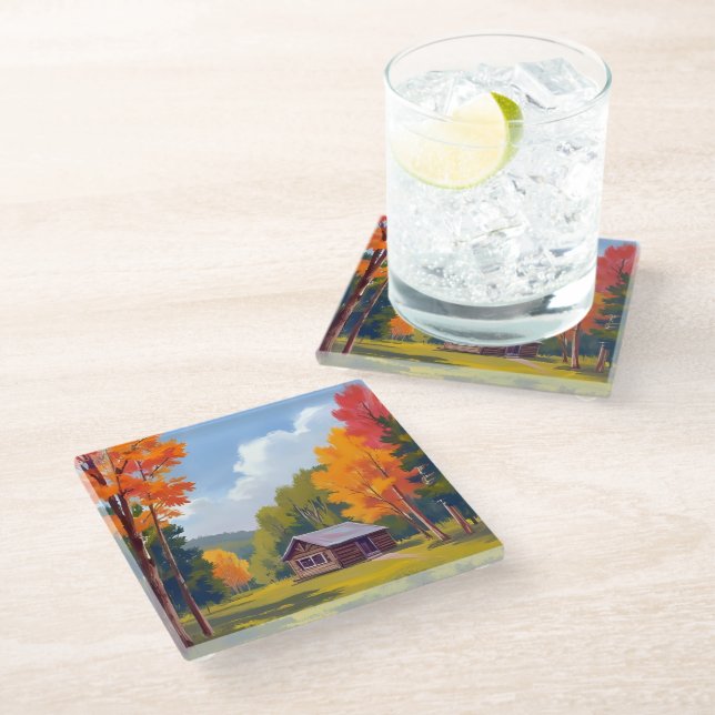 Autumn Abode Lakeside Cottage Glass Coaster (Angled)