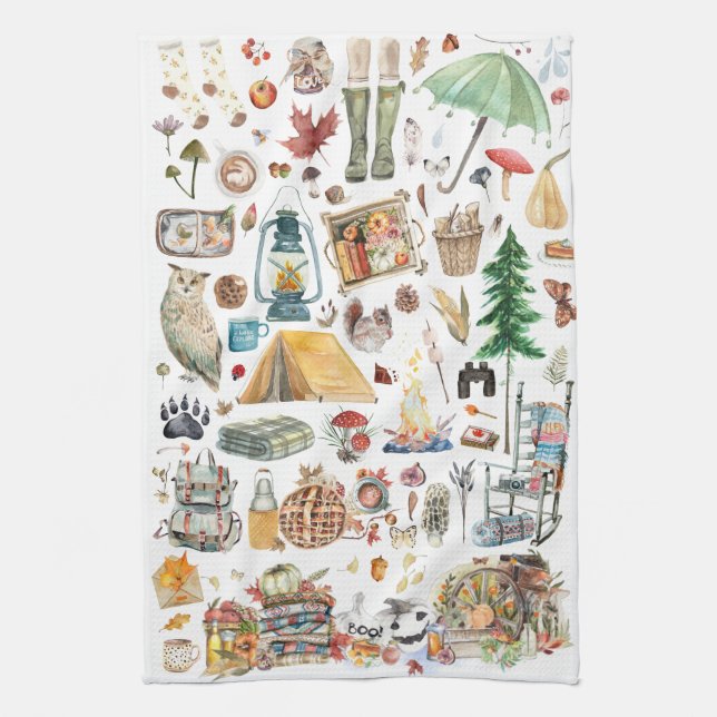 Autumn Abundance | Rustic Watercolor Illustrations Tea Towel (Vertical)