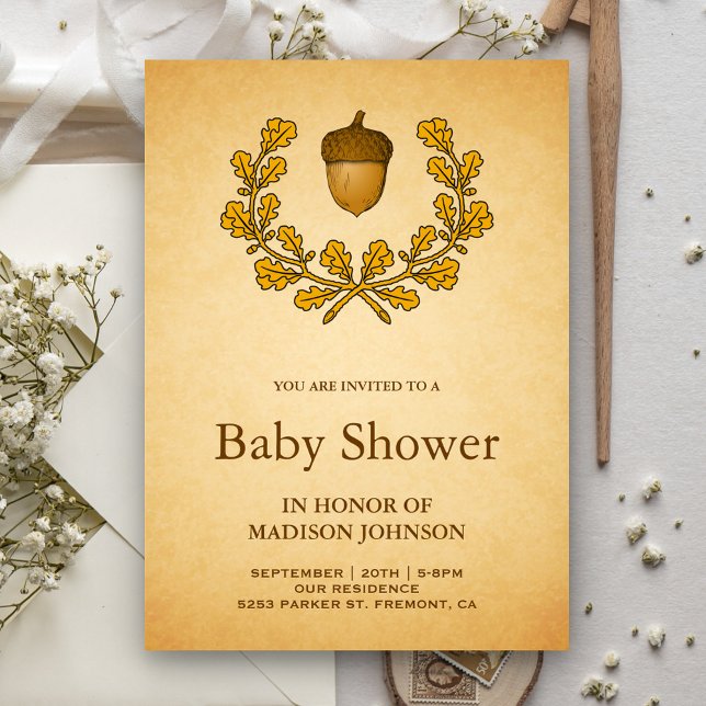 Autumn Acorn Oak Leaves Wreath Baby Shower Invitation (Creator Uploaded)