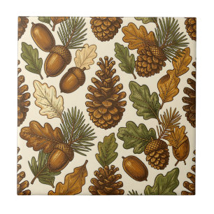 Autumn Acorn Pinecone Oak Leaf Pattern Tile