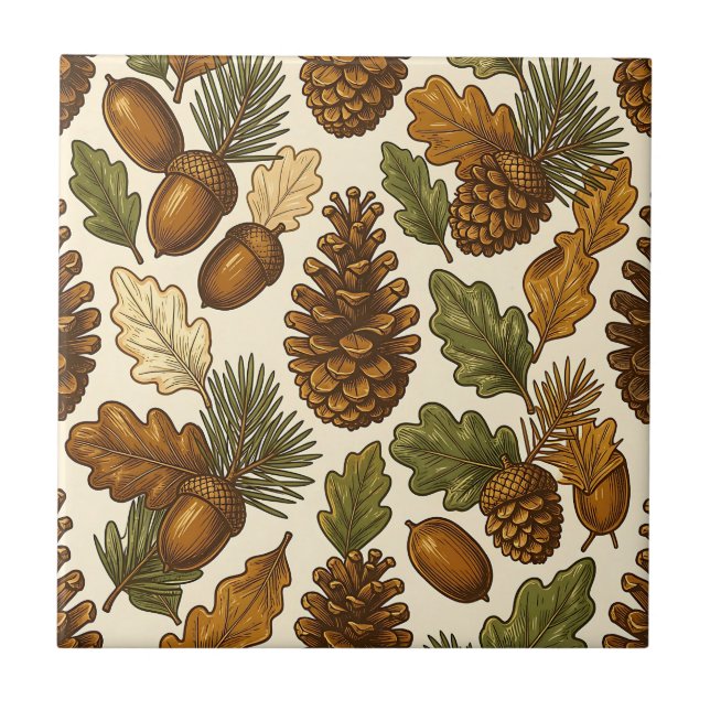 Autumn Acorn Pinecone Oak Leaf Pattern Tile (Front)