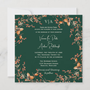 Autumn Acorn Wreath Emerald Wedding Invitation