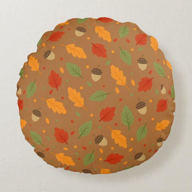 Autumn Acorns and Leaves Round Cushion (Front)