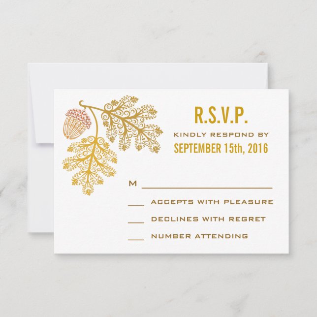 Autumn Acorns and Oak Leaves Wedding RSVP Card (Front)