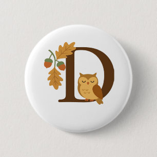 Autumn Alphabet Monogram Letter D – Owl with Oak L 6 Cm Round Badge