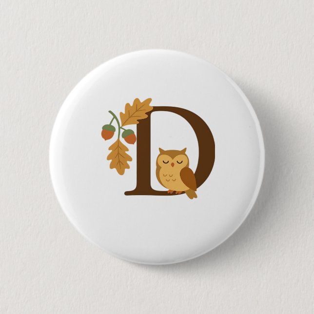 Autumn Alphabet Monogram Letter D � Owl with Oak L 6 Cm Round Badge (Front)