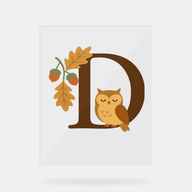 Autumn Alphabet Monogram Letter D – Owl with Oak L Acrylic Sign (Front)