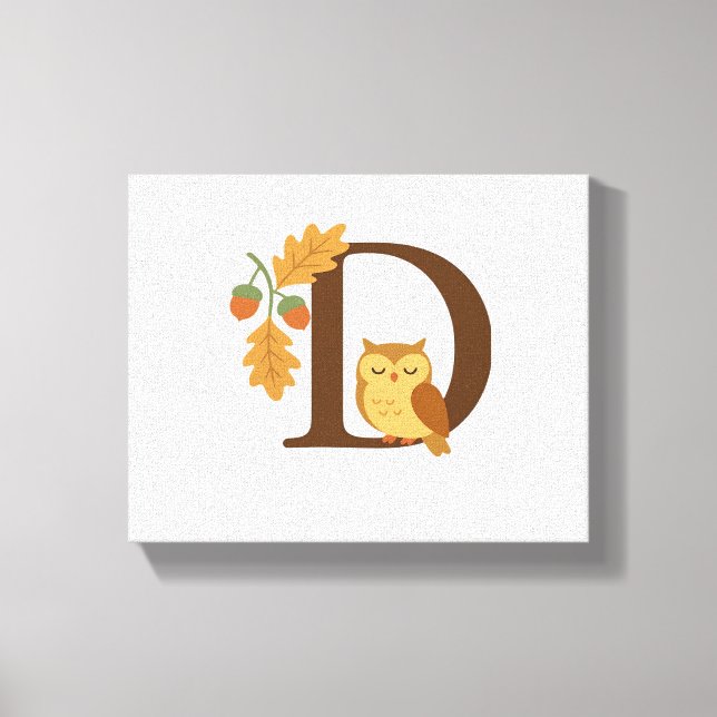 Autumn Alphabet Monogram Letter D – Owl with Oak L Canvas Print (Front)