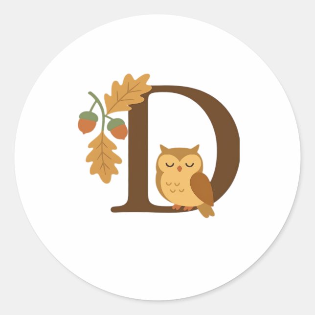 Autumn Alphabet Monogram Letter D � Owl with Oak L Classic Round Sticker (Front)