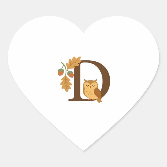 Autumn Alphabet Monogram Letter D � Owl with Oak L Heart Sticker (Front)
