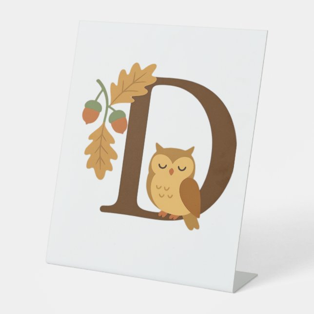Autumn Alphabet Monogram Letter D – Owl with Oak L Pedestal Sign (Front)