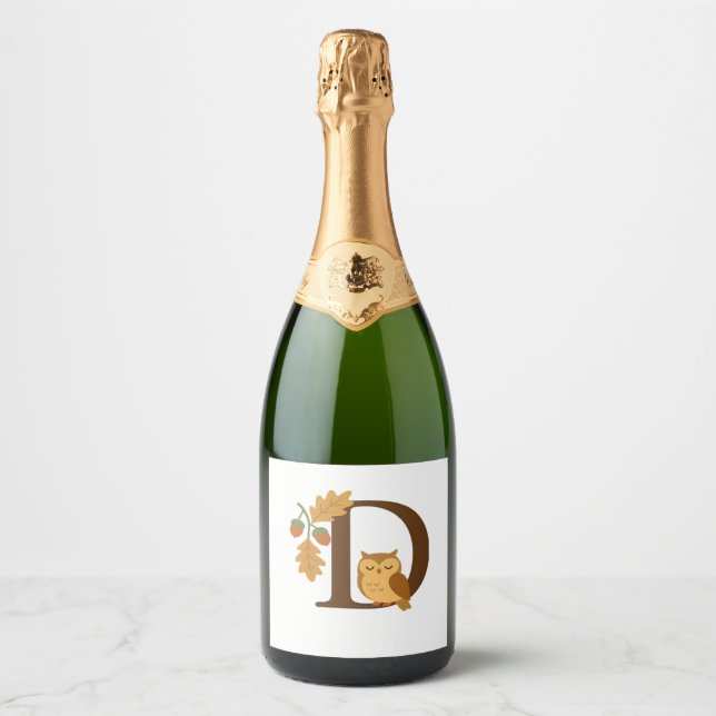 Autumn Alphabet Monogram Letter D – Owl with Oak L Sparkling Wine Label (Front)