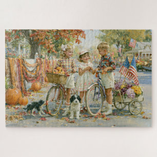 Autumn Americana Parade Pumpkins Kids Painting Jigsaw Puzzle