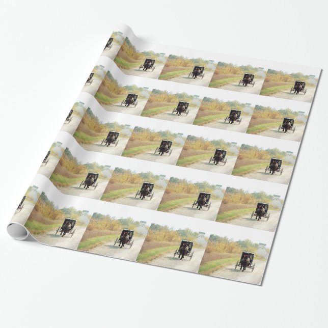 Autumn Amish Horse and Buggy Wrapping Paper (Unrolled)