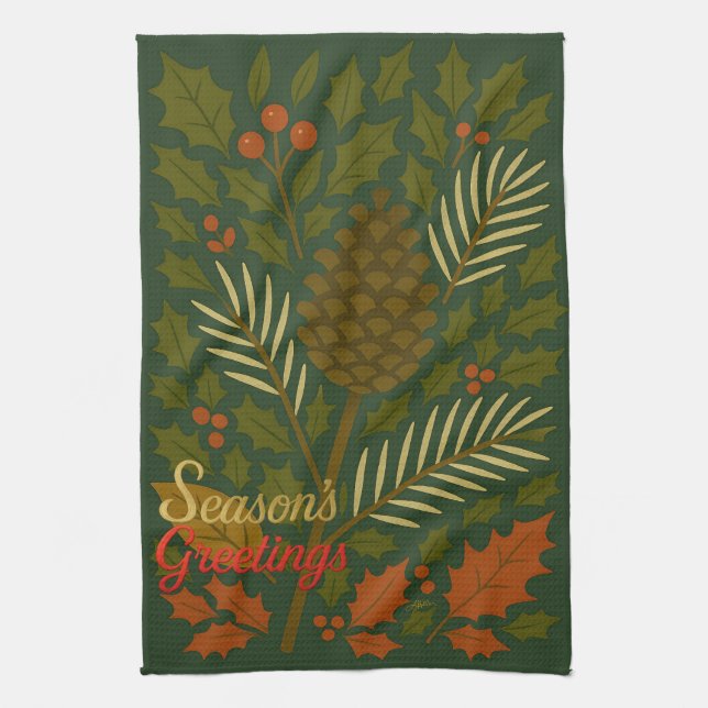 Autumn and Winter Holidays Season's Greetings Tea Towel (Vertical)