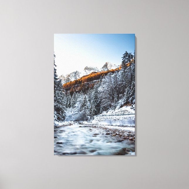 Autumn and winter river, forest and mountains canvas print (Front)