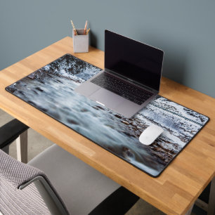 Autumn and winter river, forest and mountains desk mat