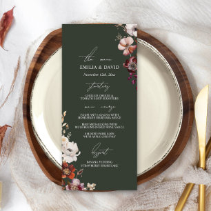 Autumn Anemone Floral Dark Green Wedding Menu