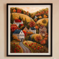 Autumn Apple Harvest Folk Art Oil Painting Poster