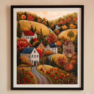 Autumn Apple Harvest Folk Art Oil Painting Poster