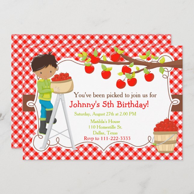 Autumn Apple Picking African American Birthday Invitation (Front/Back)