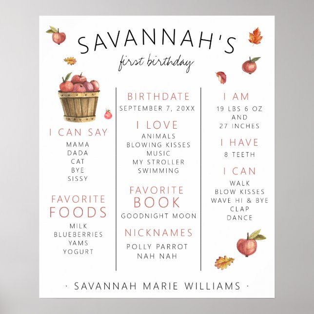 Autumn Apples First Birthday Milestone Poster (Front)
