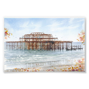 Autumn at Brighton West Pier Watercolour Art Photo Print