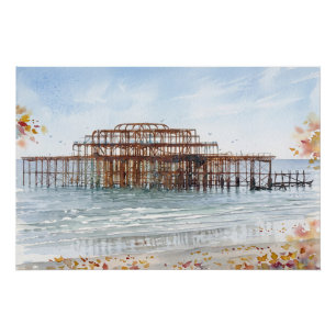 Autumn at Brighton West Pier Watercolour Art Poster