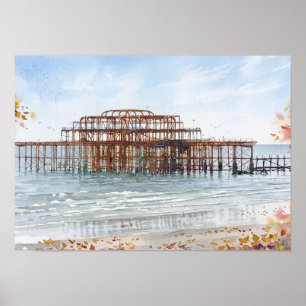 Autumn at Brighton West Pier Watercolour Art Poster