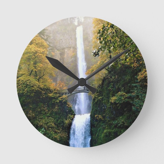 Autumn at Multnomah Falls Round Clock (Front)